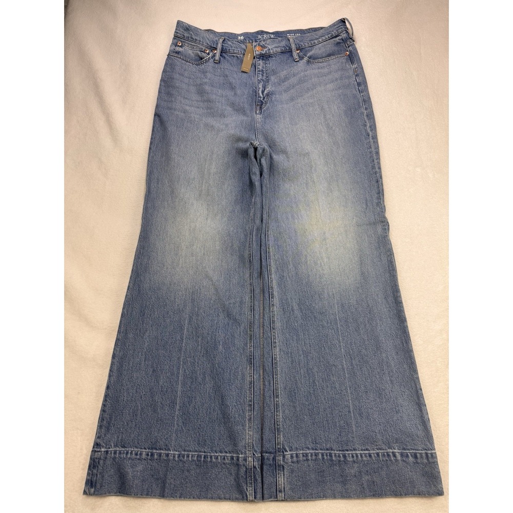 J Crew Jeans Women 36x32 Blue Wide Leg Flare Trousers Whisker Distress Denim NWT